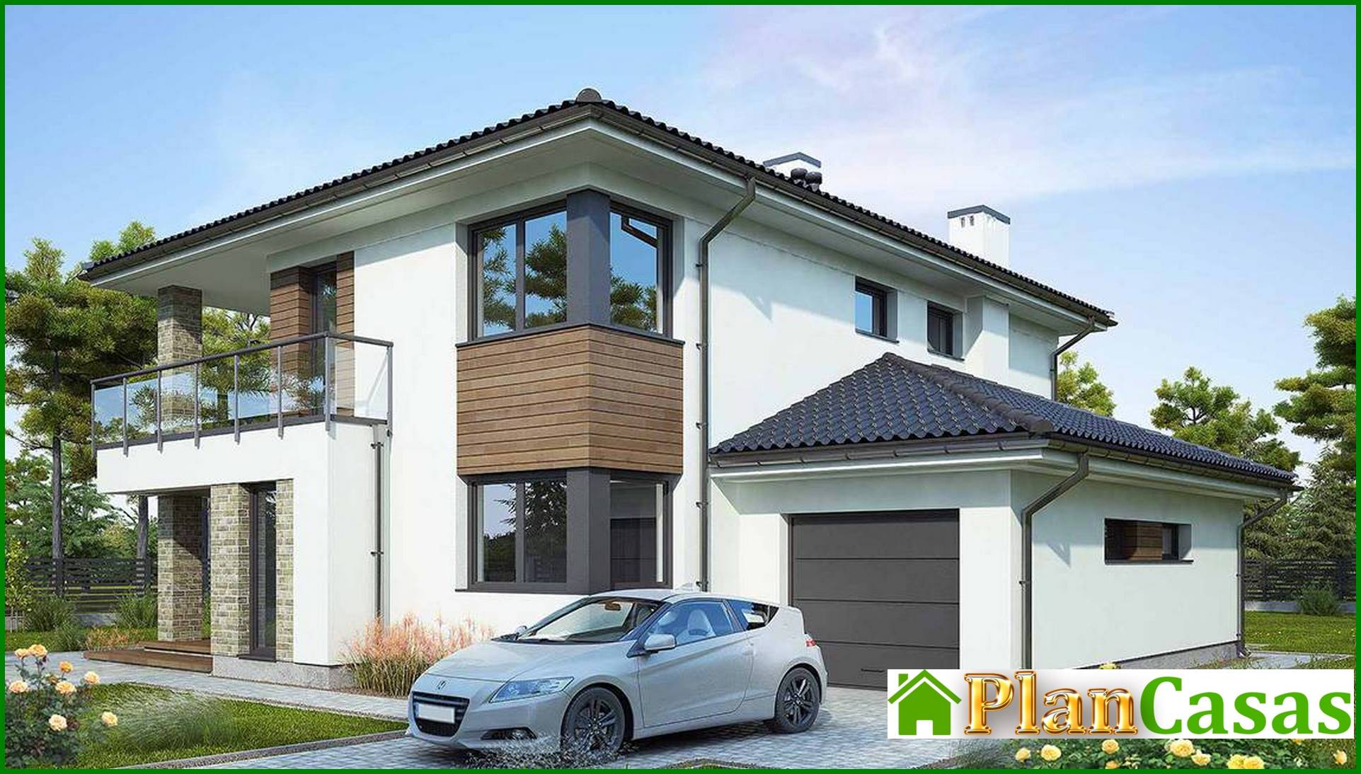 Chic house with glazed balconies and terraces house plan