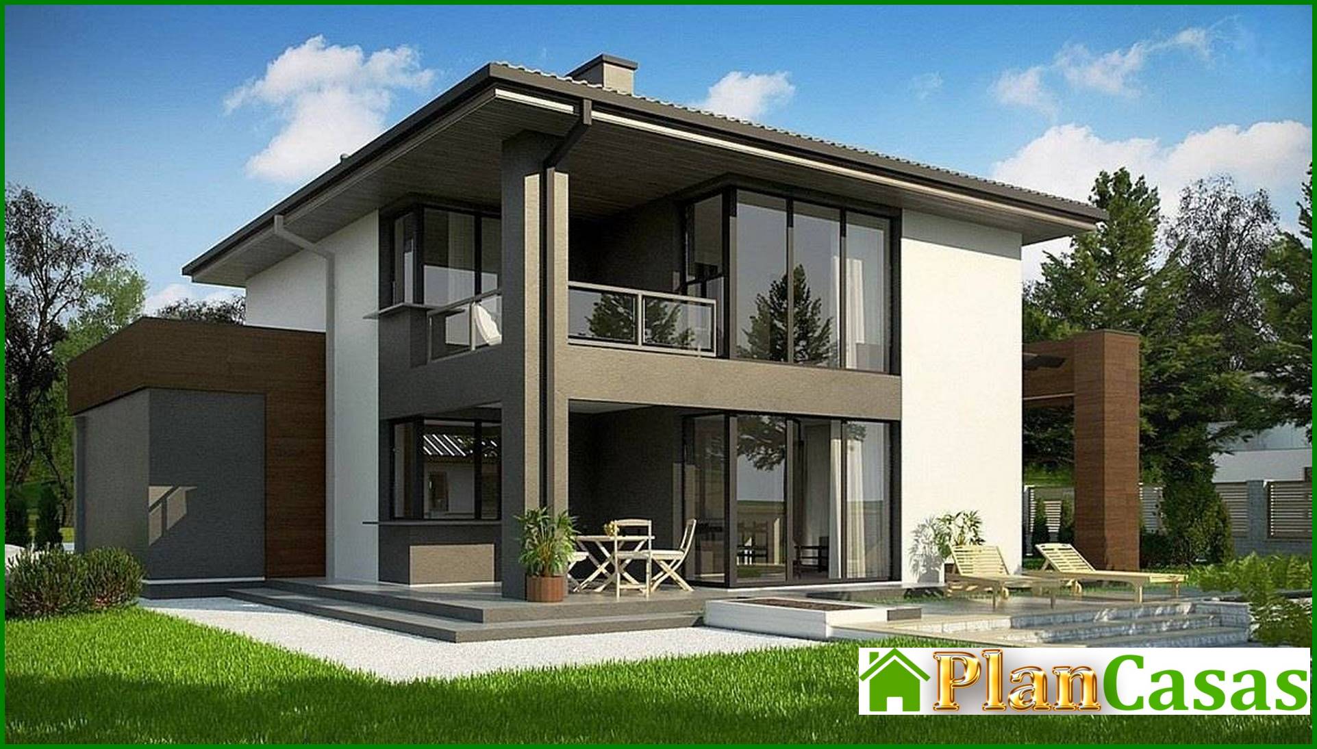 Two-storey cottage with large panoramic windows and a spacious terrace house plan