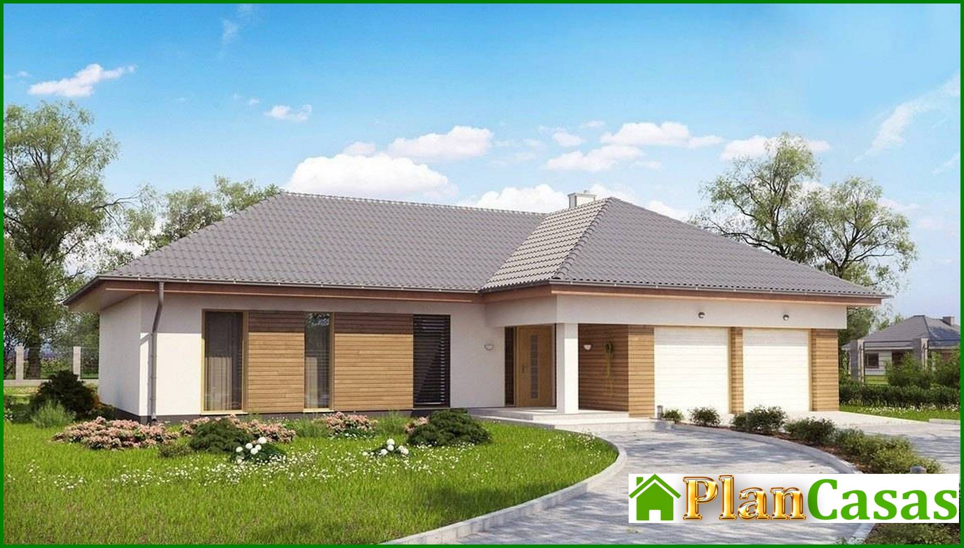 Visualization gallery - The project of a one-story cottage with a frontal garage for two cars