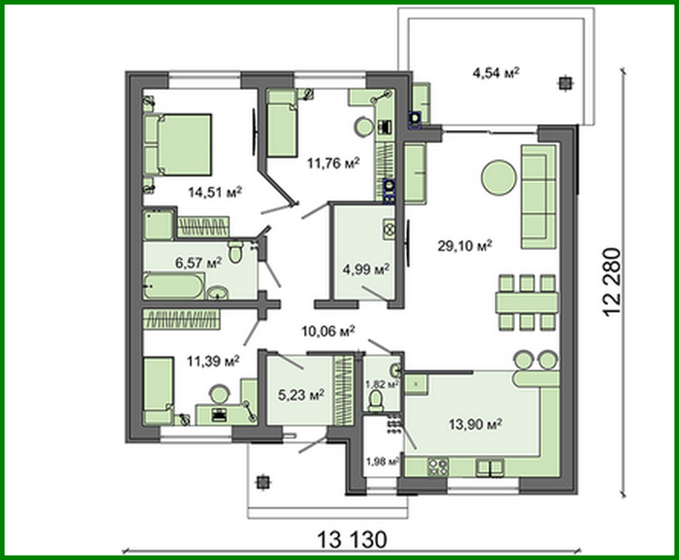Visualization gallery - The project of a one-story cottage with three bedrooms and a gable roof