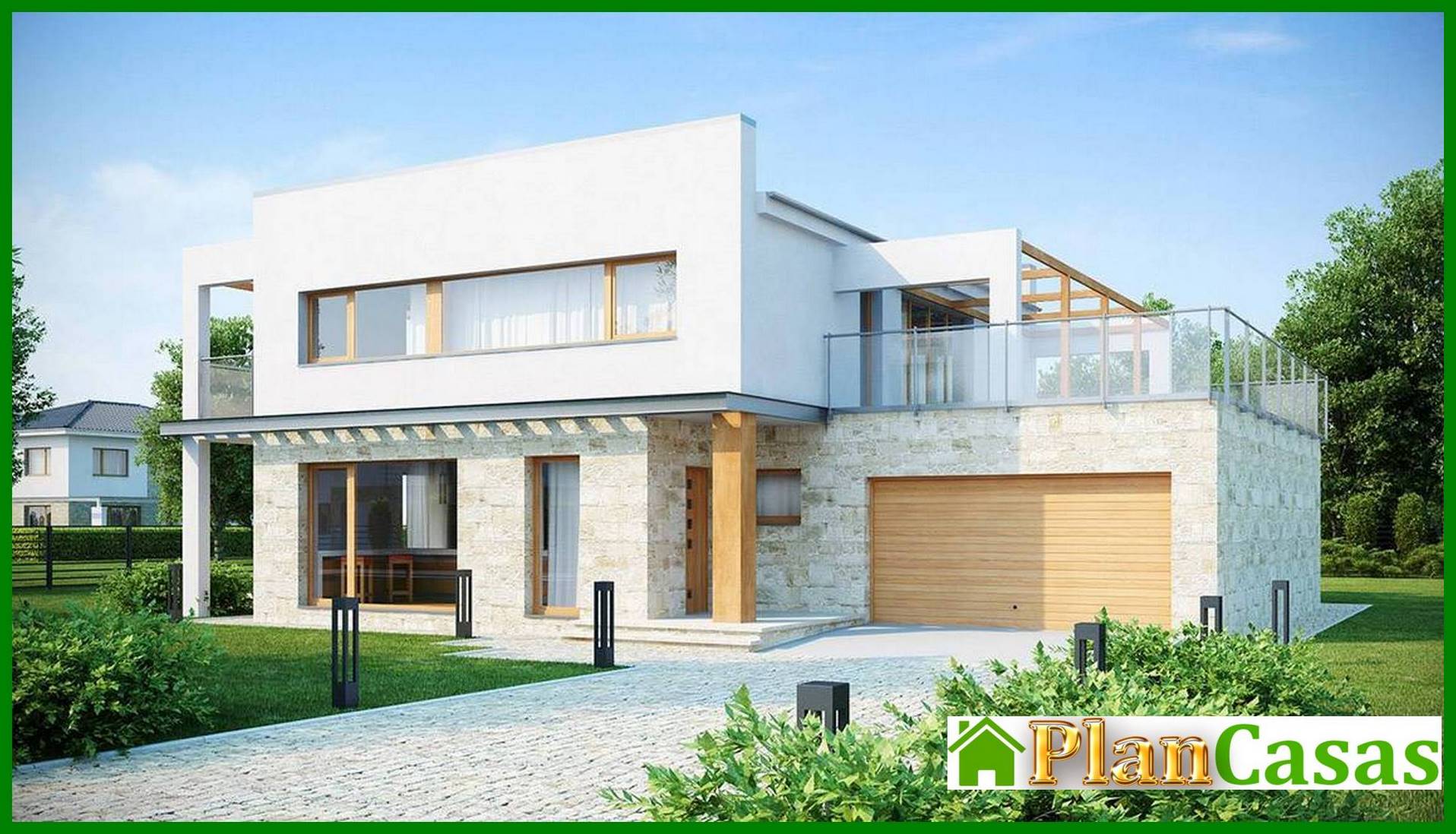 Project of a two-storey modern cottage with a terrace and a garage house plan