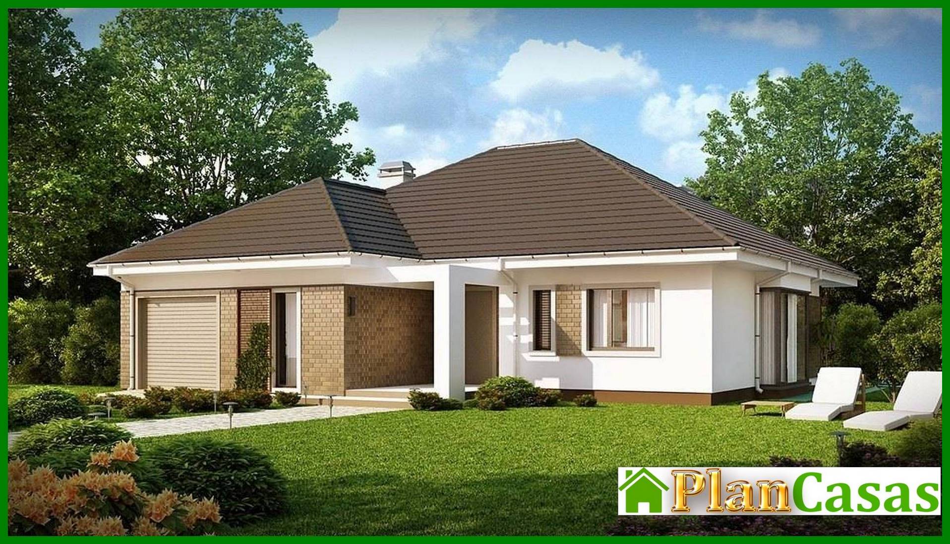 One-storey cottage project with a garage and 4 comfortable bedrooms house plan