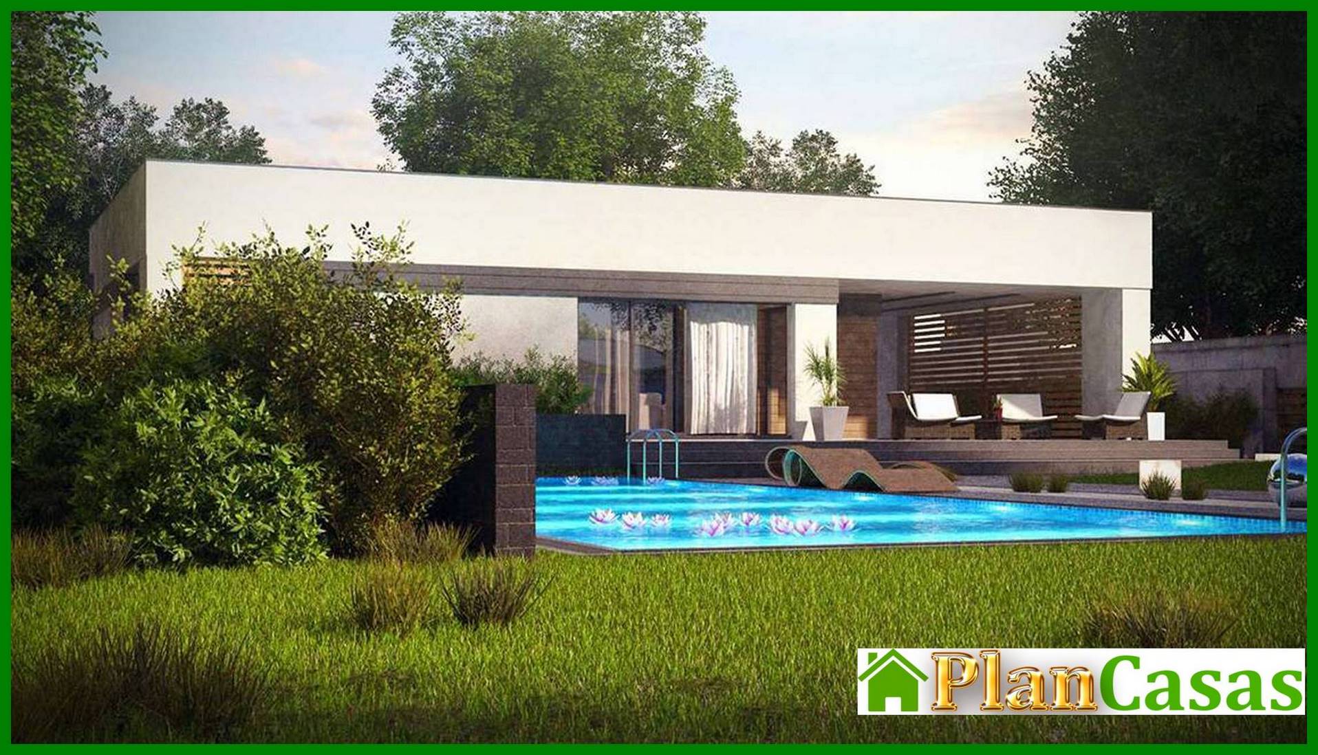 High-tech stylish single-storey house project with pool and one-car garage house plan