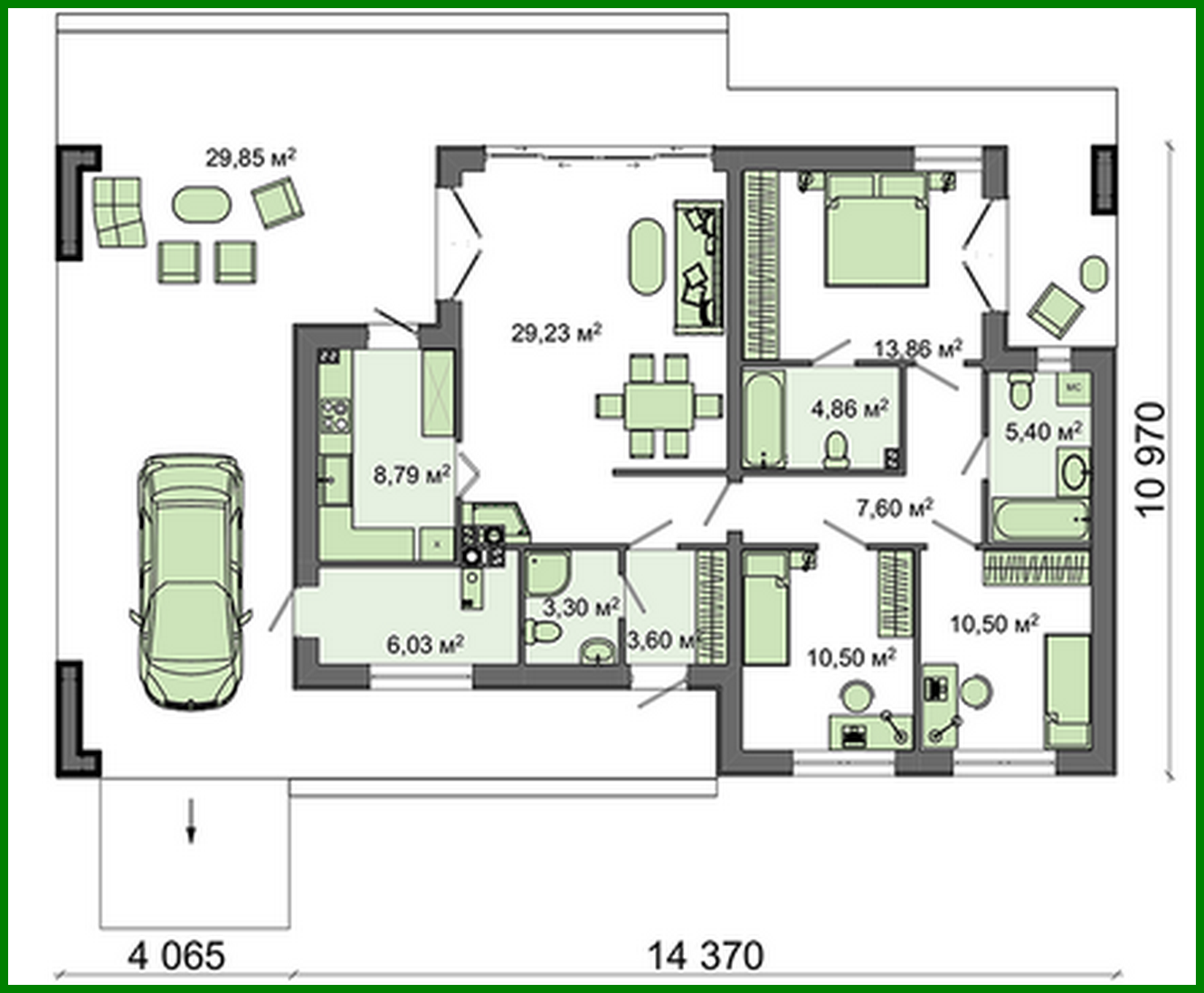 Visualization gallery - High-tech stylish single-storey house project with pool and one-car garage