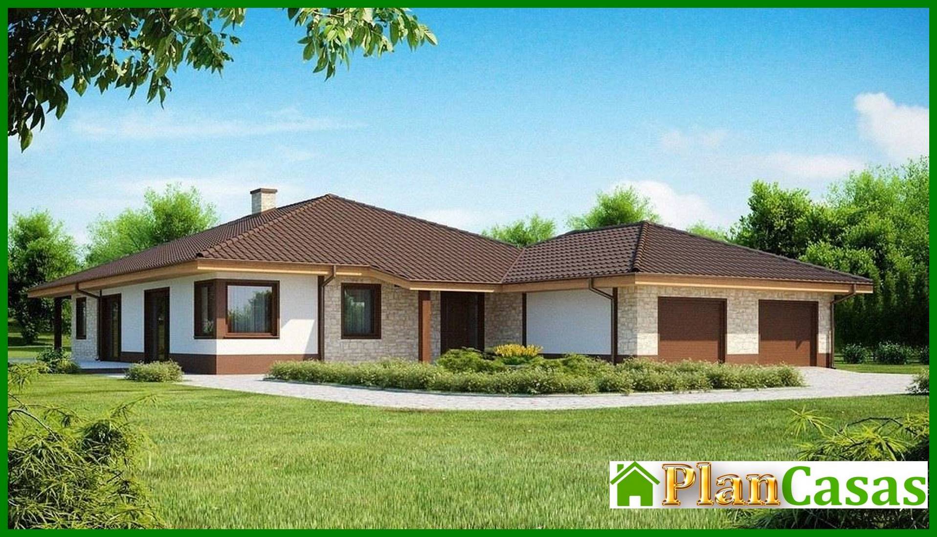 Single-storey cottage project for a narrow plot with a large garage house plan