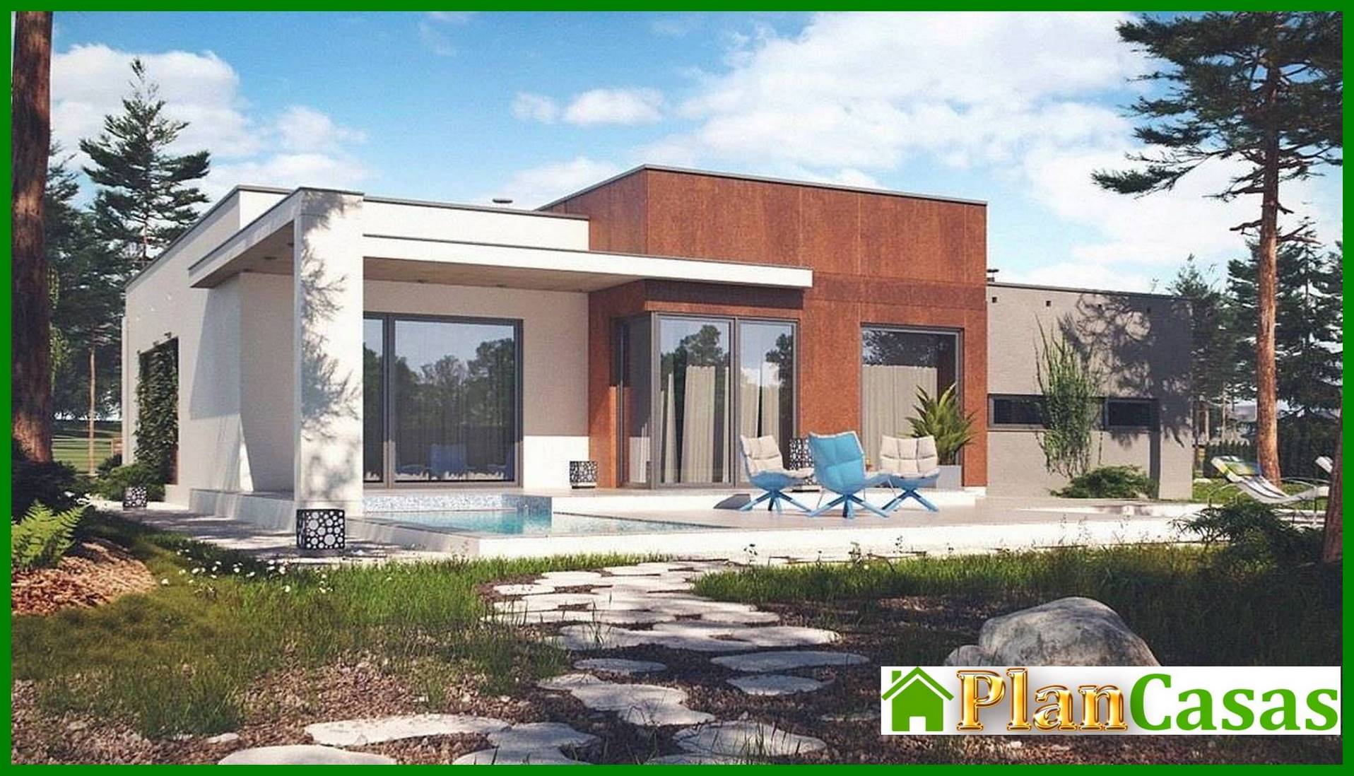 Project of a modern house with a flat roof and a garage for two cars house plan