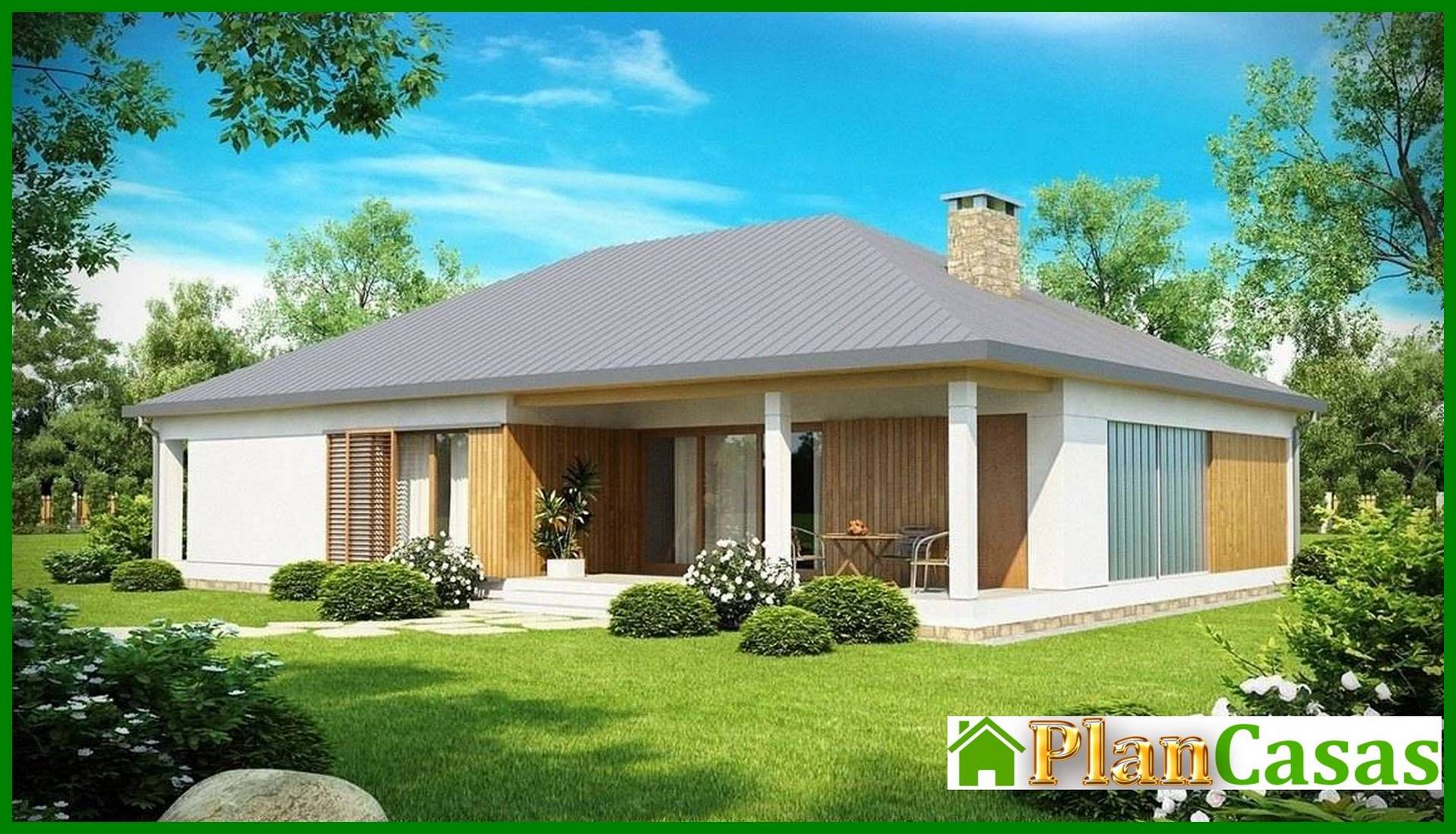 Visualization gallery - One-storey cottage project with a garage and a covered terrace