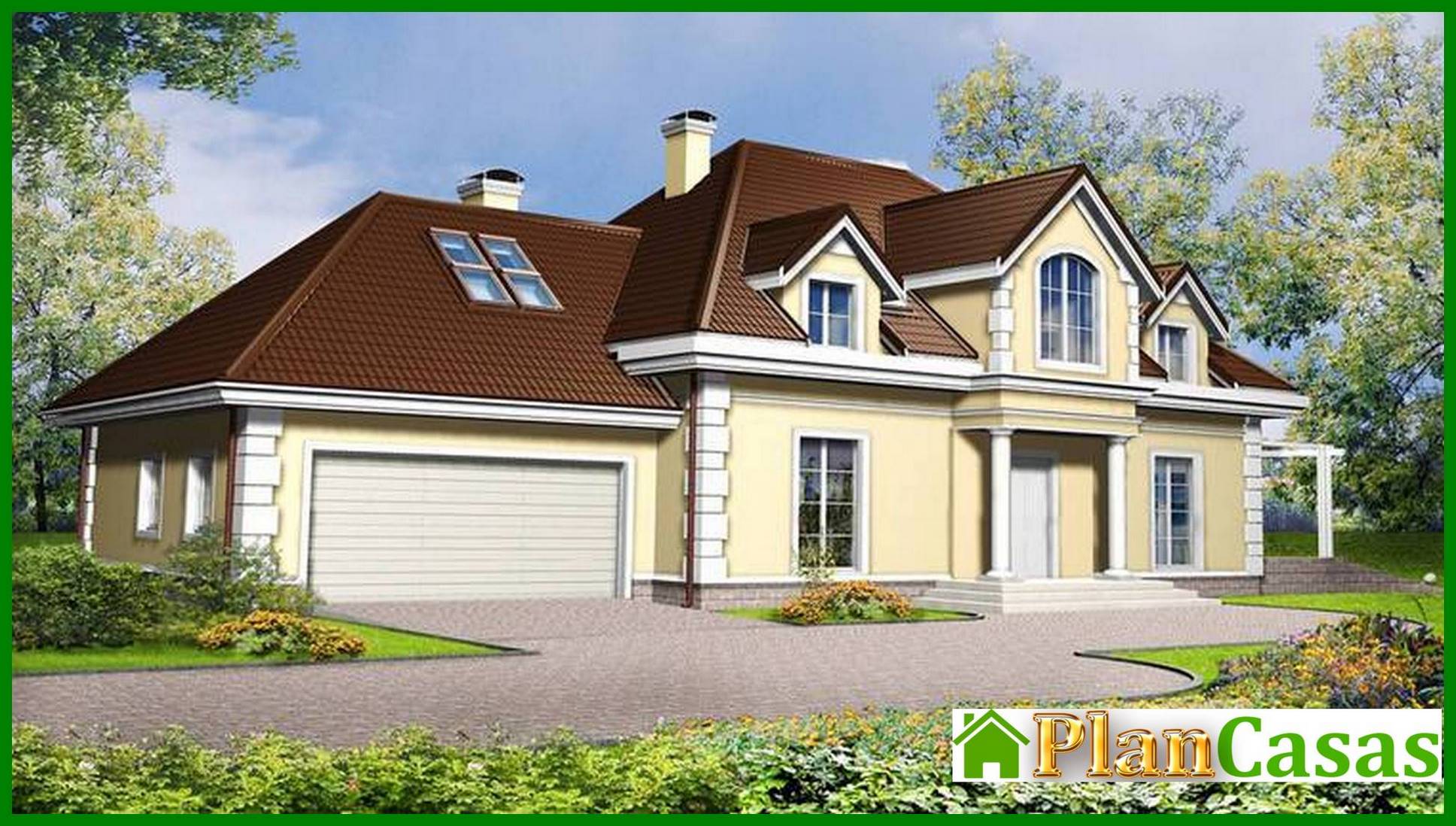 Project of a mansion with a garage for two cars house plan
