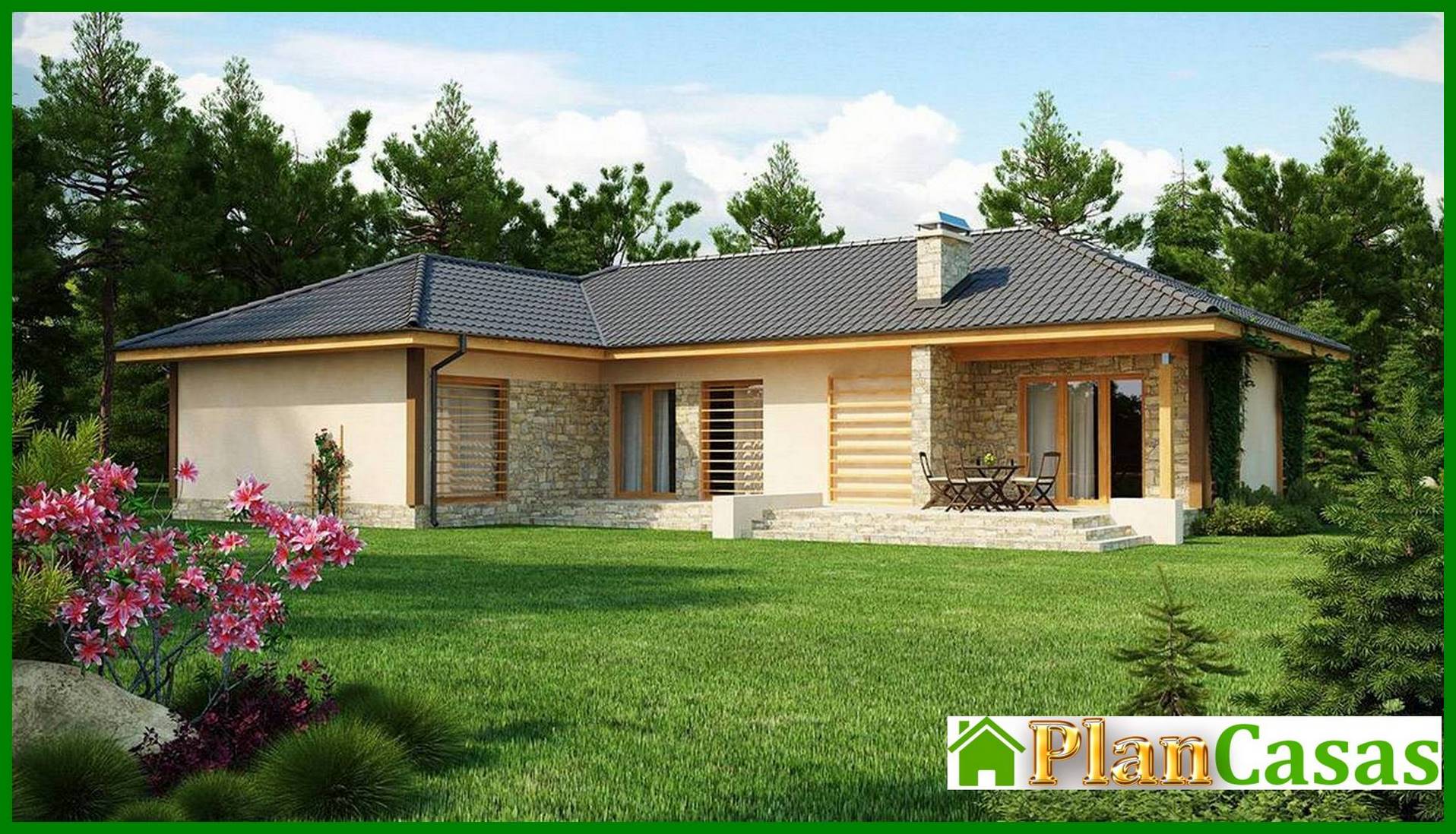 Visualization gallery - One-storey house project with a garage for two cars and a four-gable roof