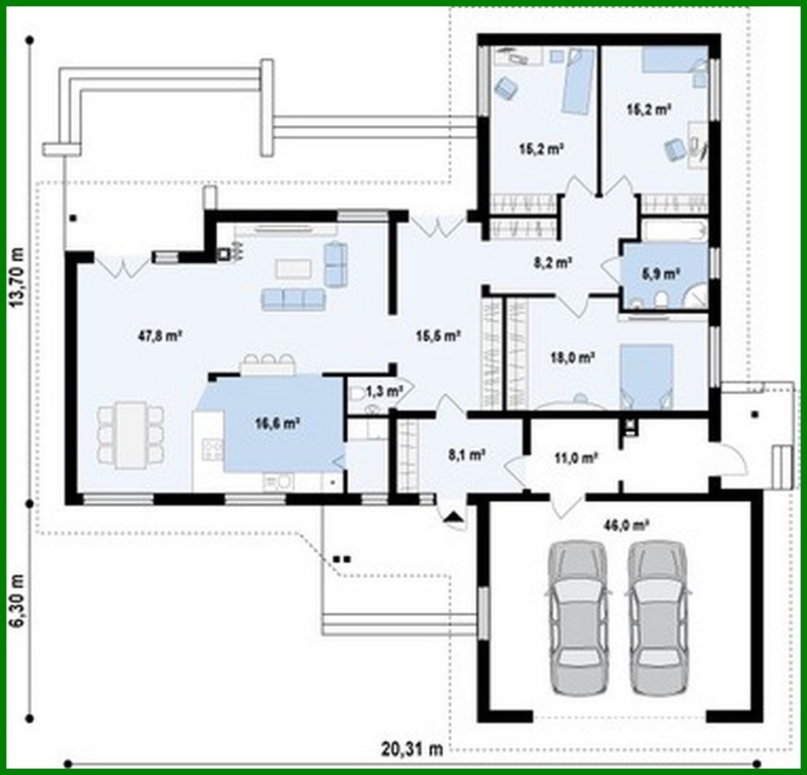 Visualization gallery - One-storey house project with a garage for two cars and a four-gable roof