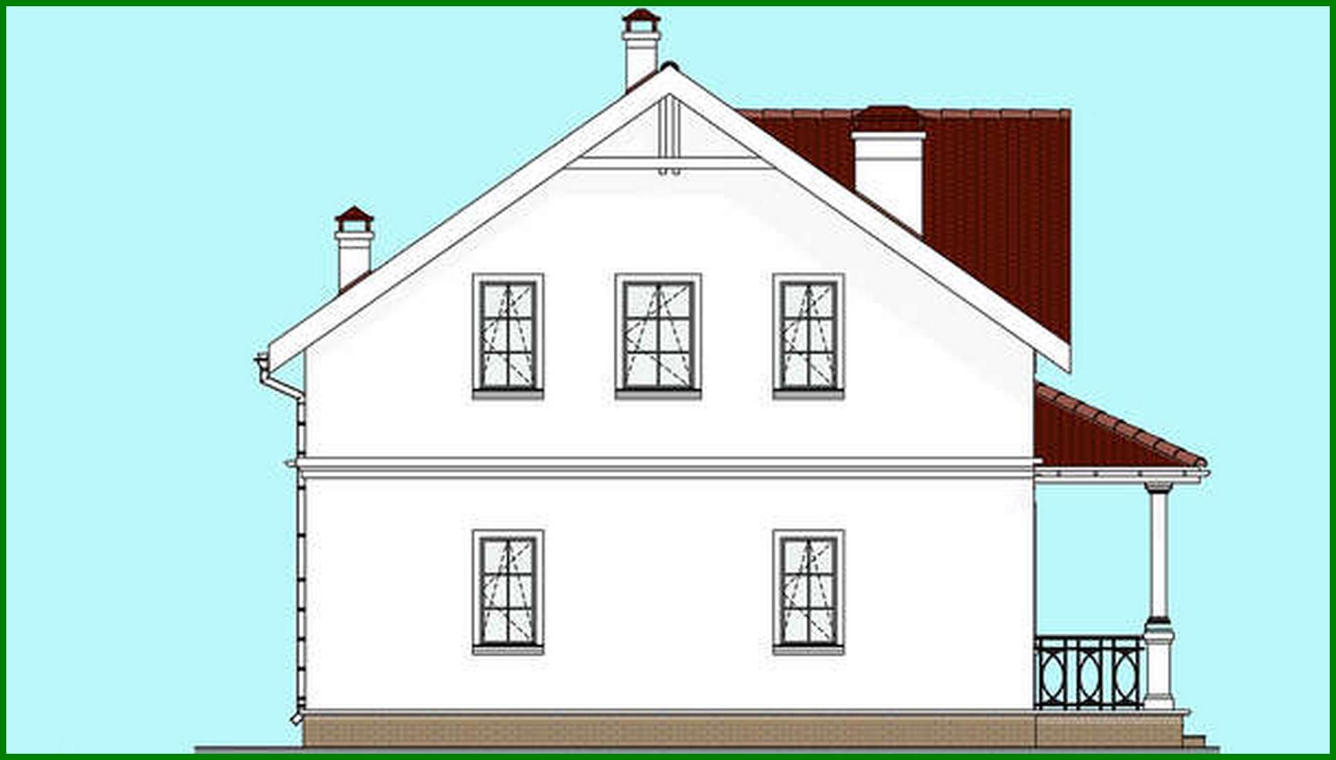 Galería de visualizaciones - Proyecto de una casa blanca como la nieve de dos plantas con columnas y balcones con un área total de 133 m²