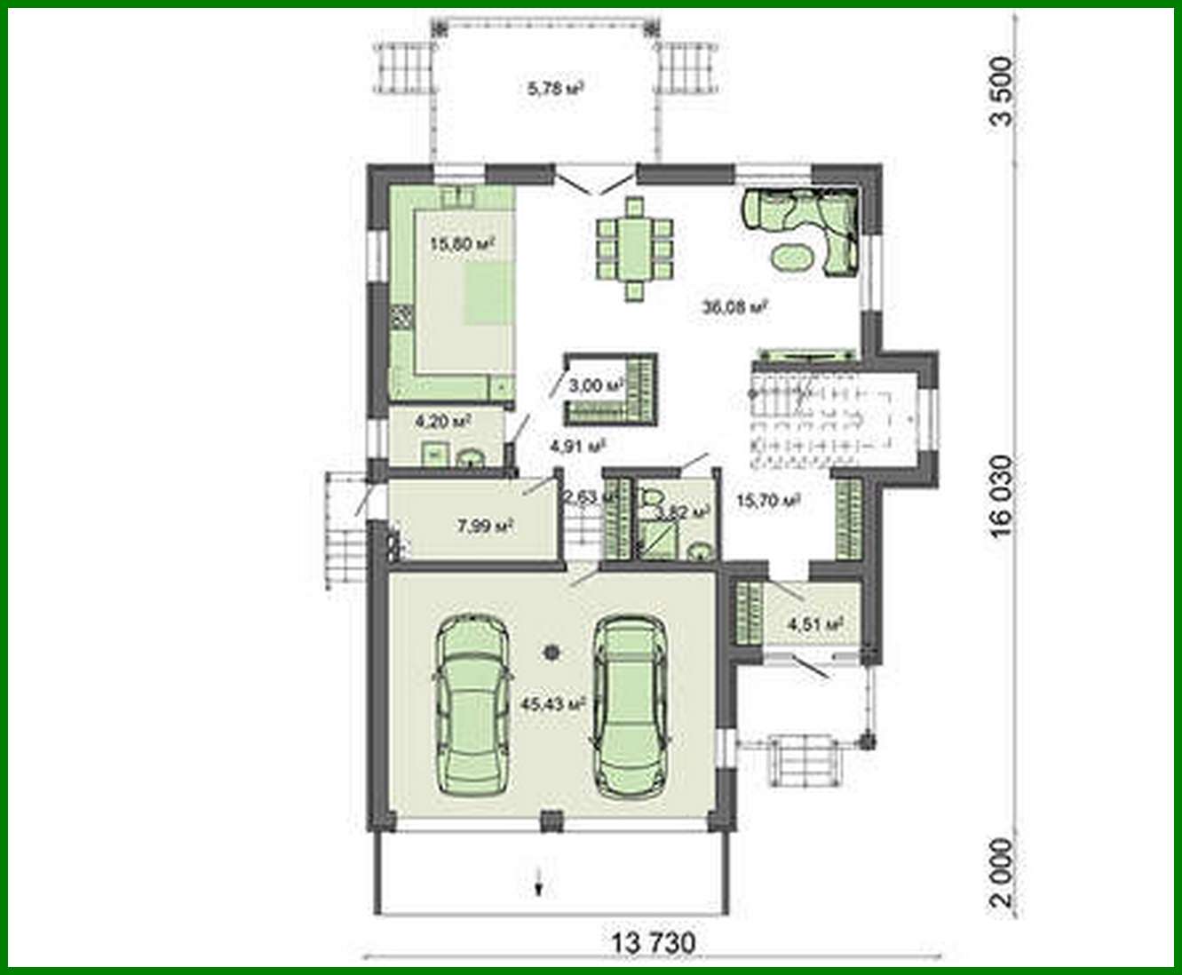 Galería de visualizaciones - Plano de una mansión de dos plantas de 262 m² con garaje para dos vehículos