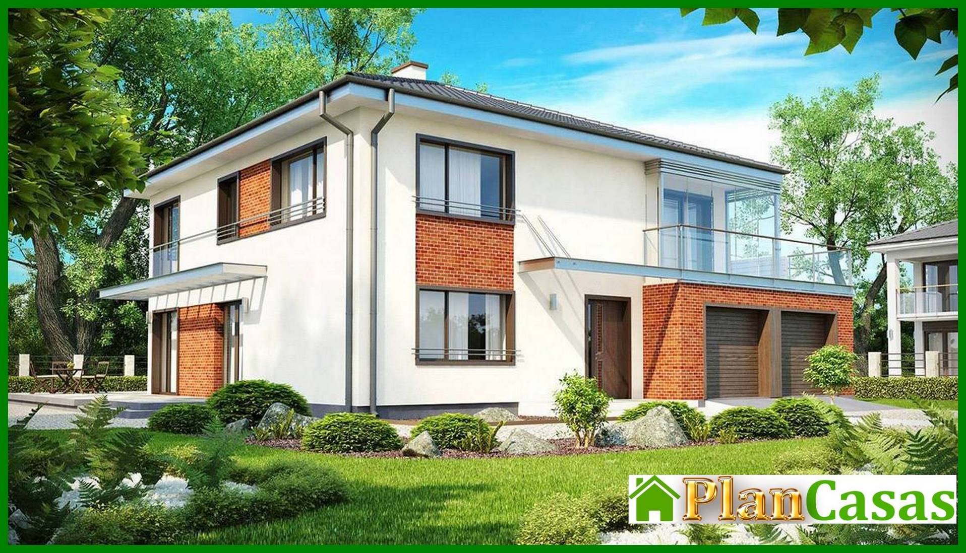 Project of a two-story house with a bay window above the garage house plan