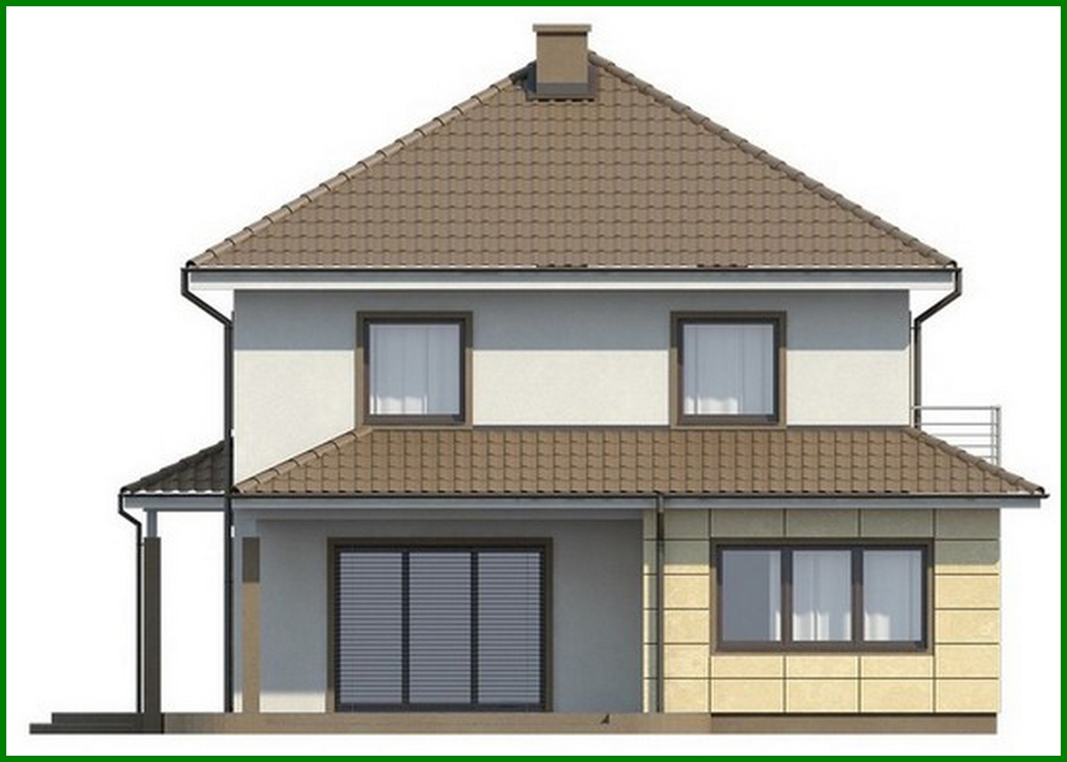 Visualization gallery - The project of a two-story cottage with a garage and a multi-pitch roof