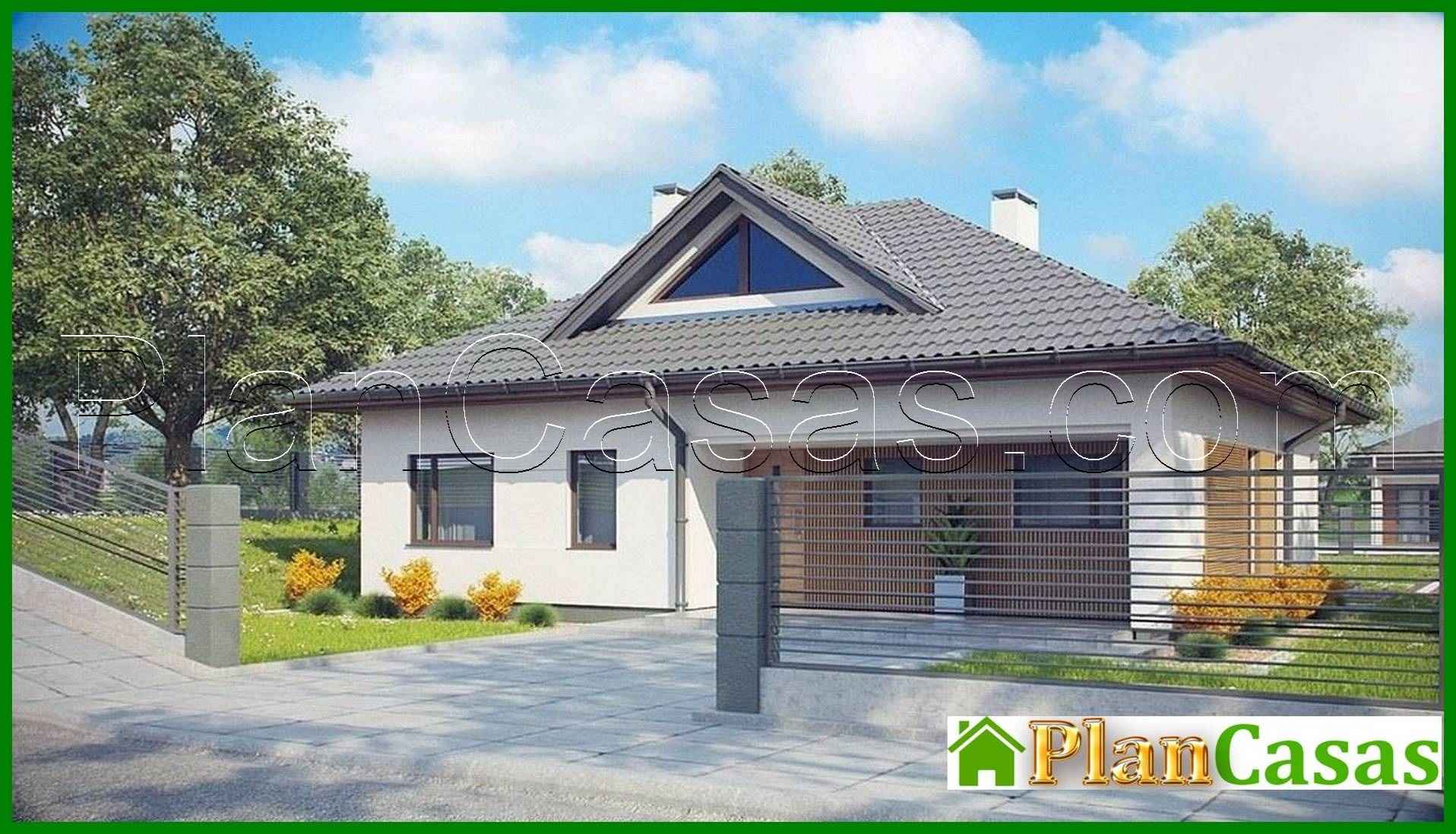 The project of a one-story cottage with an original facade and a four-pitched roof house plan