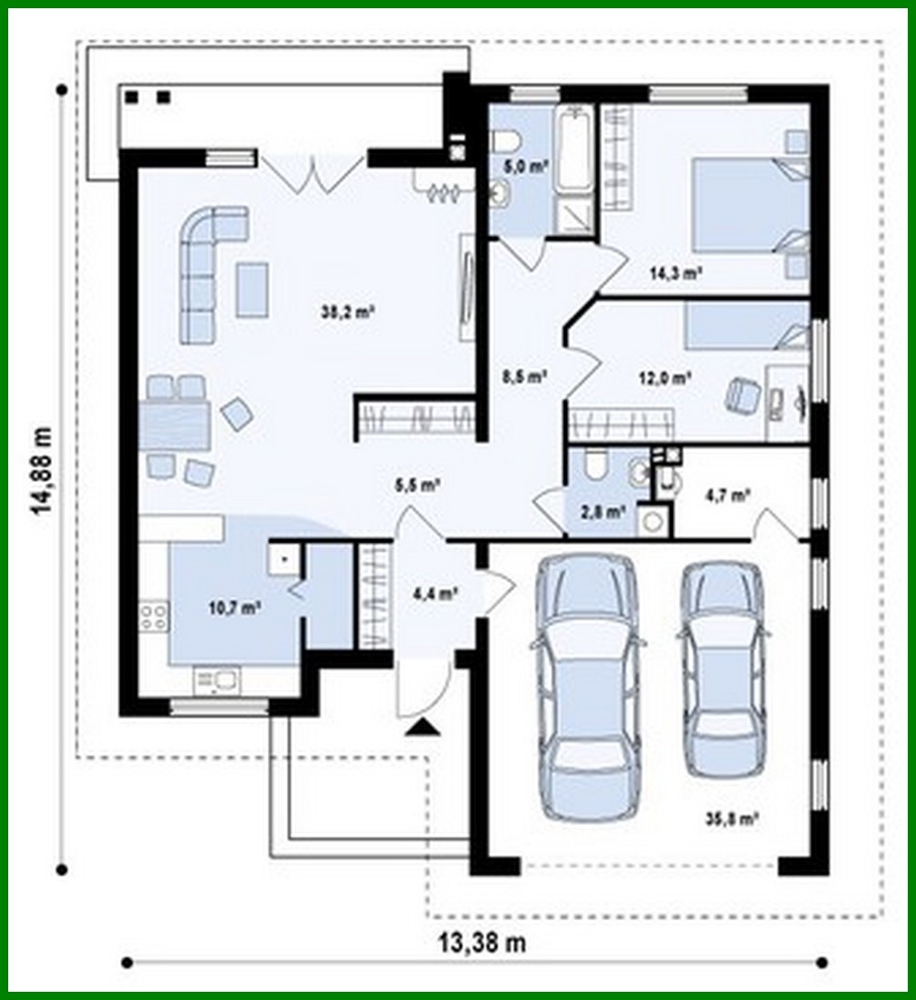 Visualization gallery - The project of a large one-story cottage with a garage for two cars