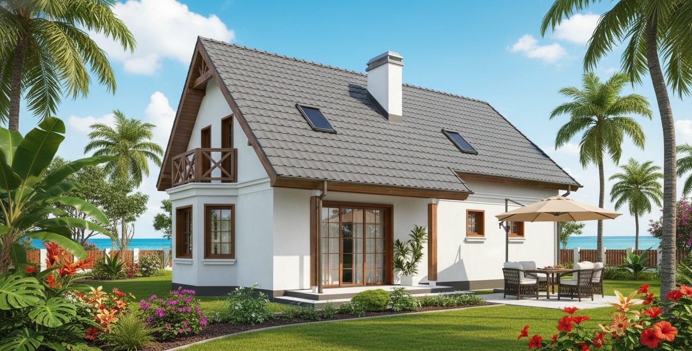 Cottage project with built-in garage, bay window and balcony house plan