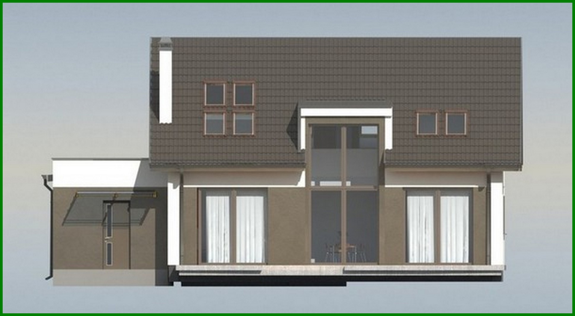 Visualization gallery - The project of a one-story house with an attic and a large front window in the living room