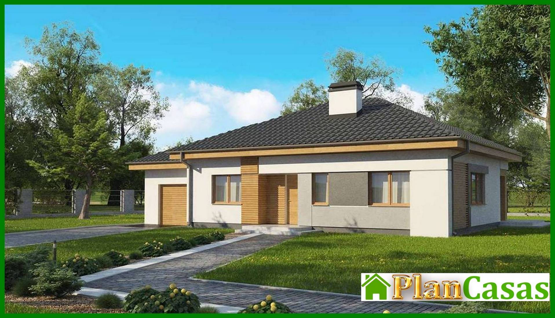 One-storey cottage project with a garage house plan