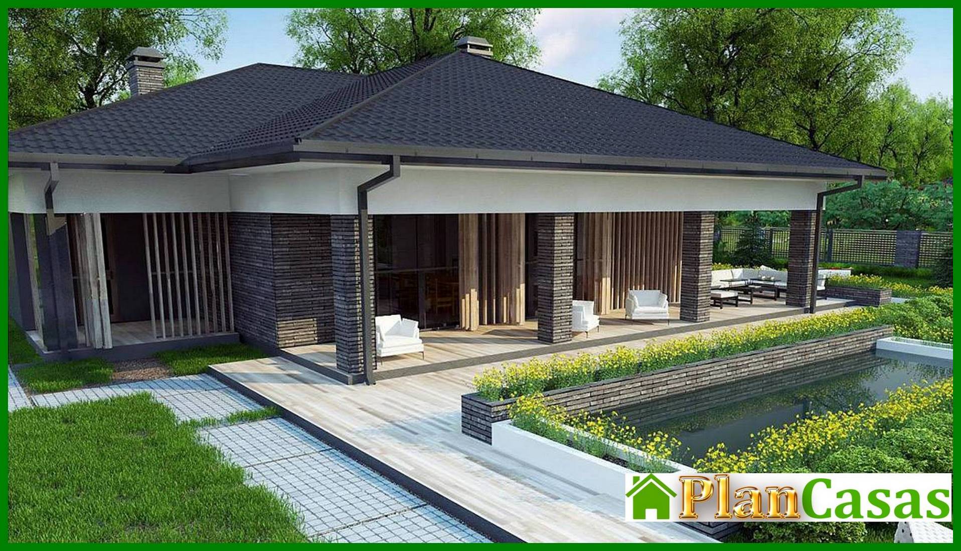 Visualization gallery - The project of a one-story house with an area of ​​186 square meters. m with artificial stone decor