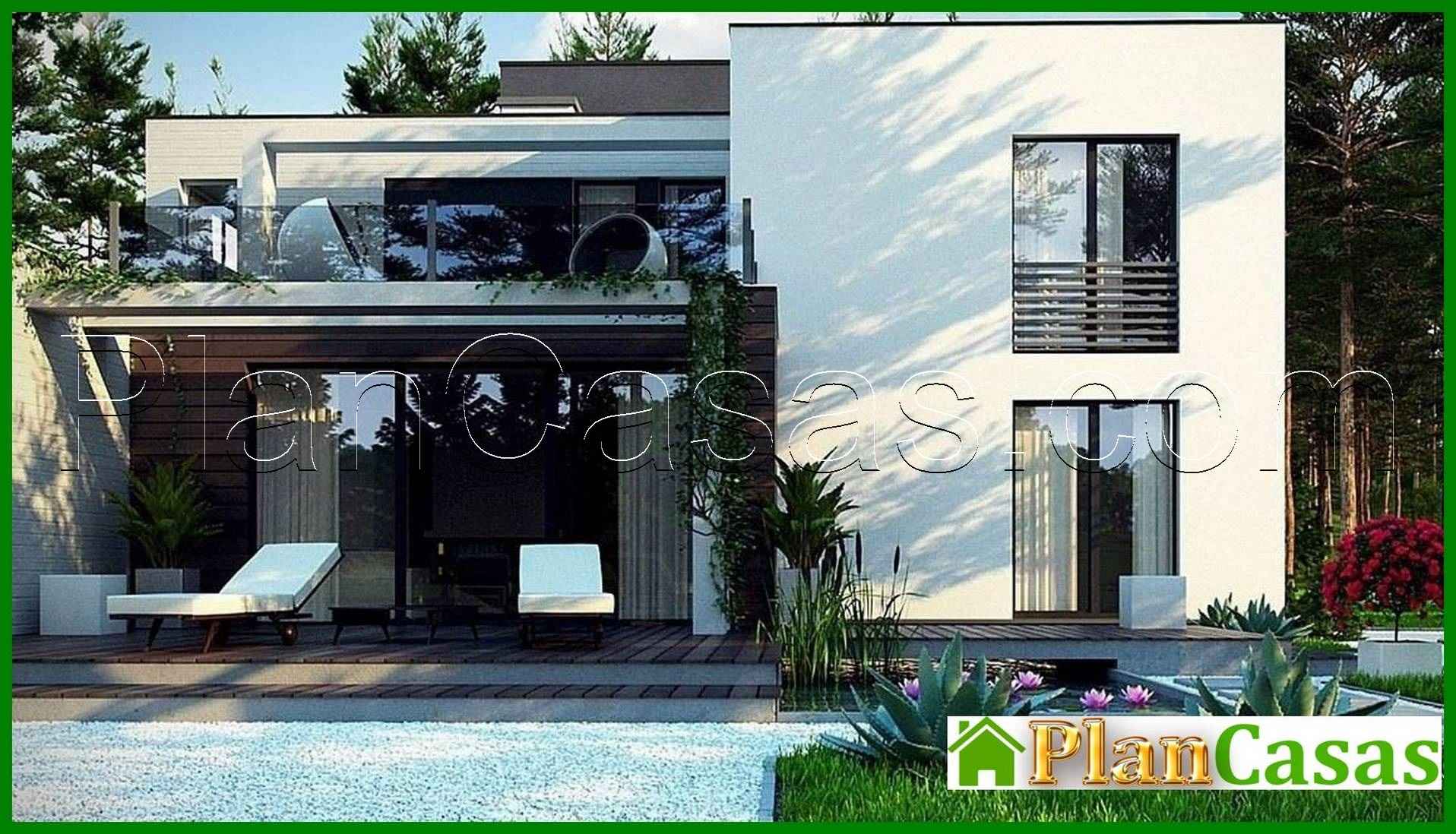 Modern two-story cottage with a terrace on the second floor house plan