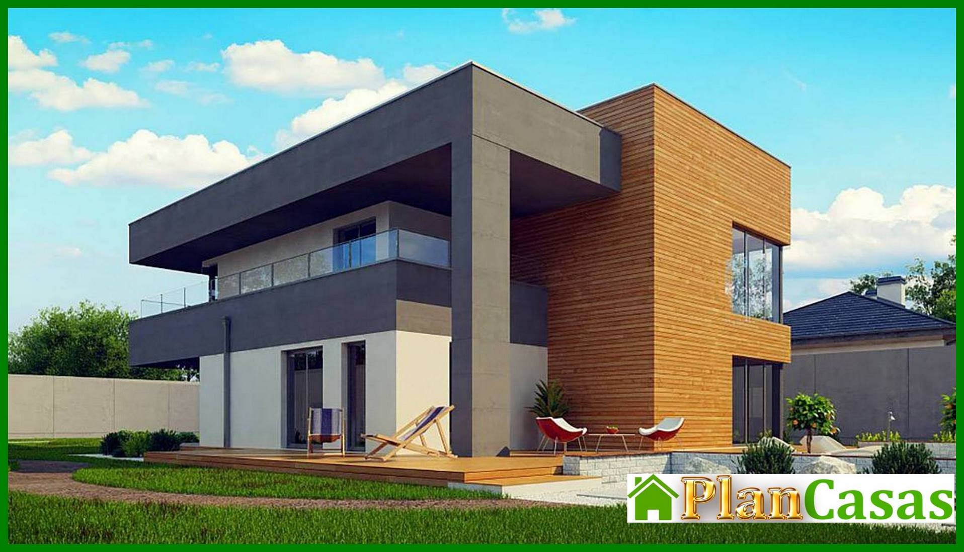 Visualization gallery - Modern two-story cottage with a flat roof with a garage for two cars